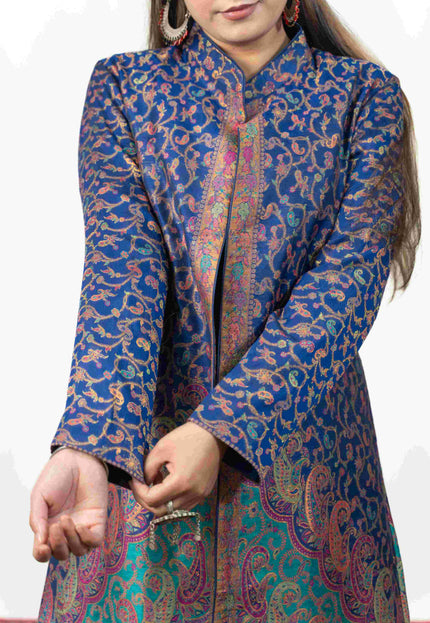Kashmiri Kani With Zari Embroidery Jacket - Blue Zari | Silk Long - Kashmir Jama