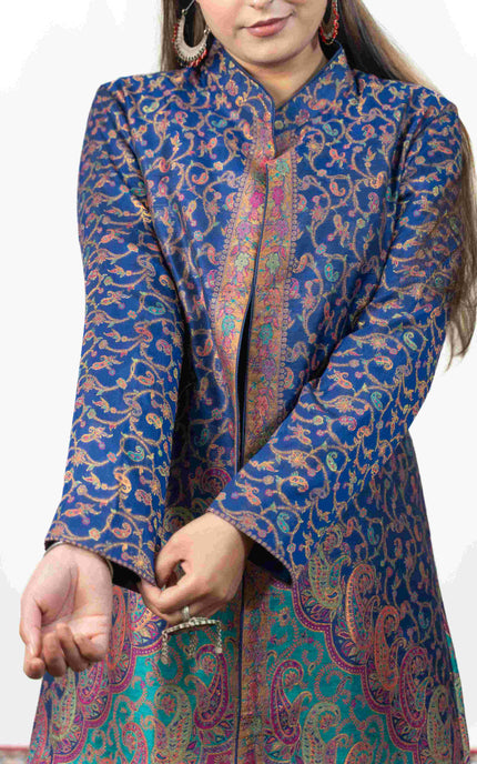 Kashmiri Kani With Zari Embroidery Jacket - Blue Zari | Silk Long - Kashmir Jama
