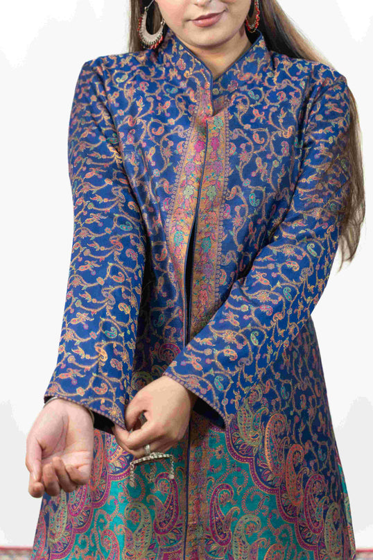 Kashmiri Kani With Zari Embroidery Jacket - Blue Zari | Silk Long - Kashmir Jama
