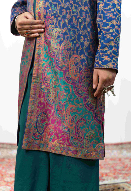 Kashmiri Kani With Zari Embroidery Jacket - Blue Zari | Silk Long - Kashmir Jama