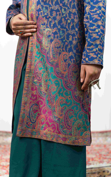 Kashmiri Kani With Zari Embroidery Jacket - Blue Zari | Silk Long - Kashmir Jama