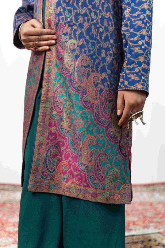 Kashmiri Kani With Zari Embroidery Jacket - Blue Zari | Silk Long - Kashmir Jama