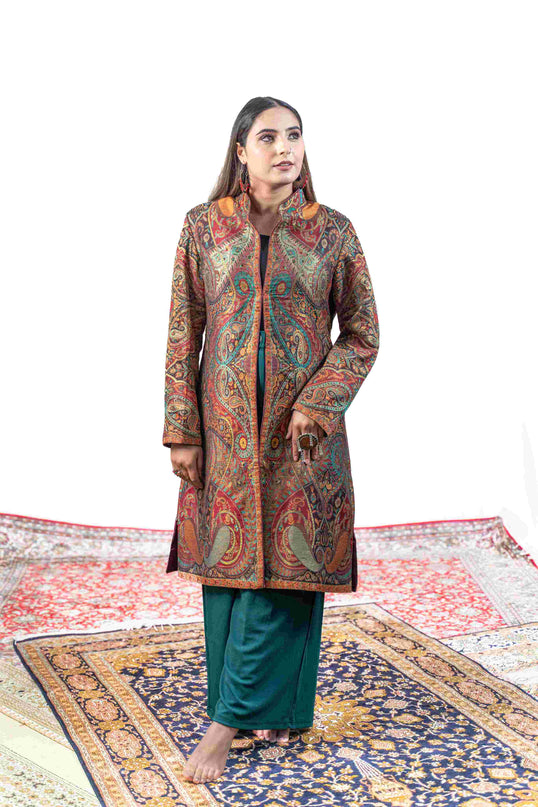 Kashmiri Kani With Zari Embroidery Jacket - Designer Maroon Zari | Silk Long - Kashmir Jama