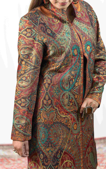 Kashmiri Kani With Zari Embroidery Jacket - Designer Maroon Zari | Silk Long - Kashmir Jama