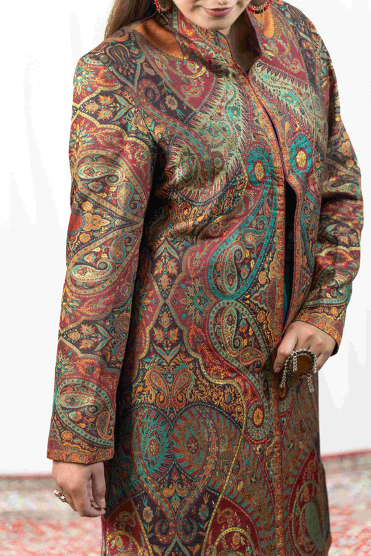 Kashmiri Kani With Zari Embroidery Jacket - Designer Maroon Zari | Silk Long - Kashmir Jama