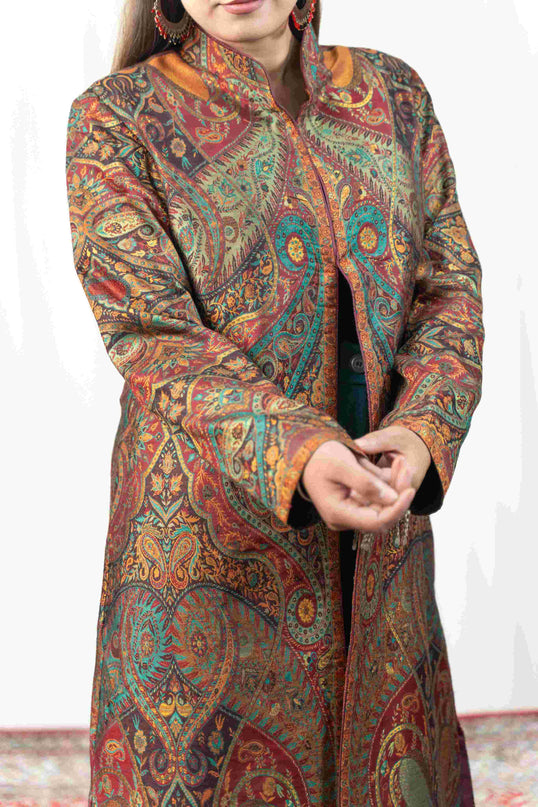 Kashmiri Kani With Zari Embroidery Jacket - Designer Maroon Zari | Silk Long - Kashmir Jama