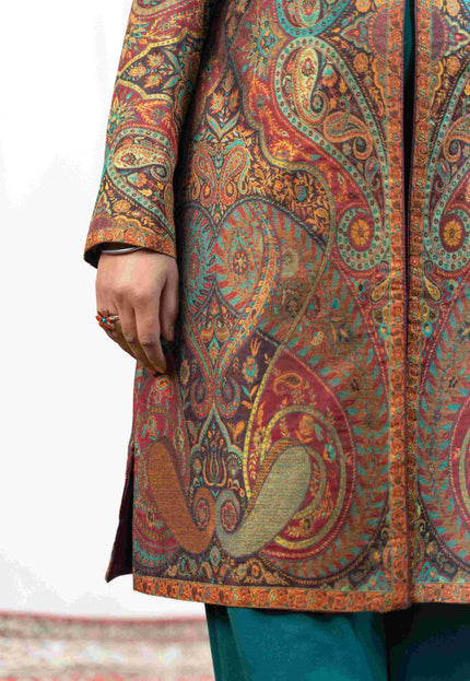 Kashmiri Kani With Zari Embroidery Jacket - Designer Maroon Zari | Silk Long - Kashmir Jama