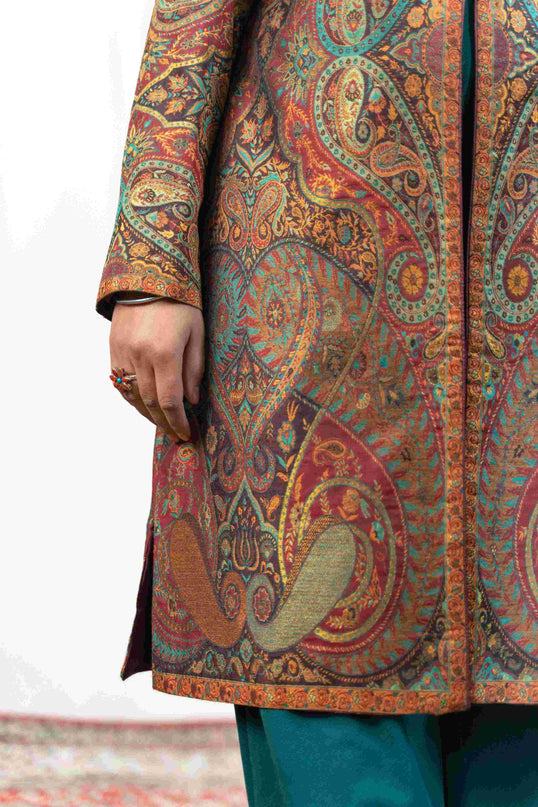 Kashmiri Kani With Zari Embroidery Jacket - Designer Maroon Zari | Silk Long - Kashmir Jama