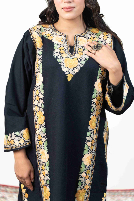 Kashmiri Pastel Aari Work Phiran - Black | Abshar - Kashmir Jama