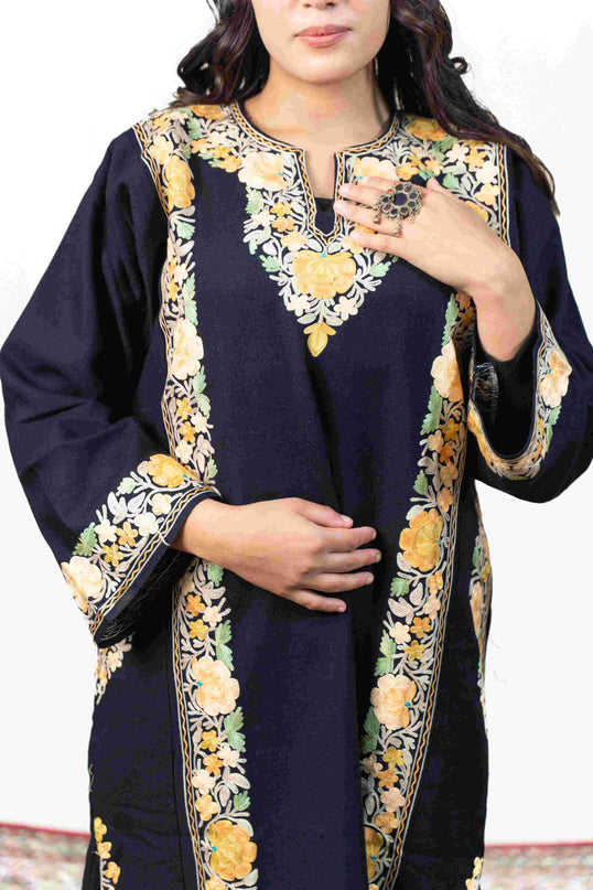 Kashmiri Pastel Aari Work Phiran - Black | Abshar - Kashmir Jama