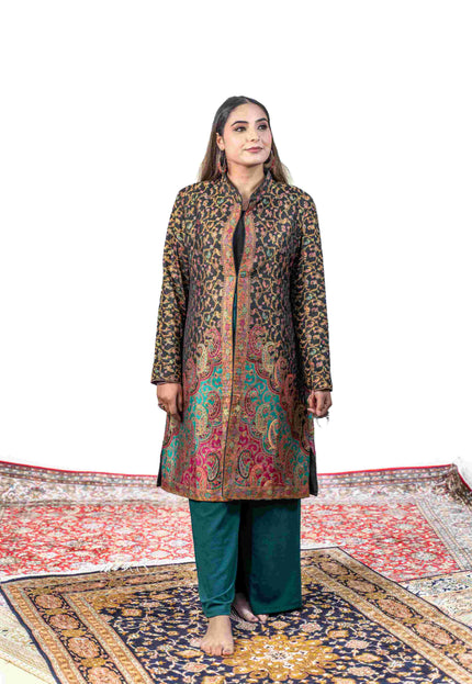 Kashmiri Kani With Zari Embroidery Jacket - Black Zari | Silk Long - Kashmir Jama
