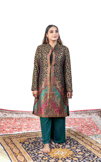 Kashmiri Kani With Zari Embroidery Jacket - Black Zari | Silk Long - Kashmir Jama