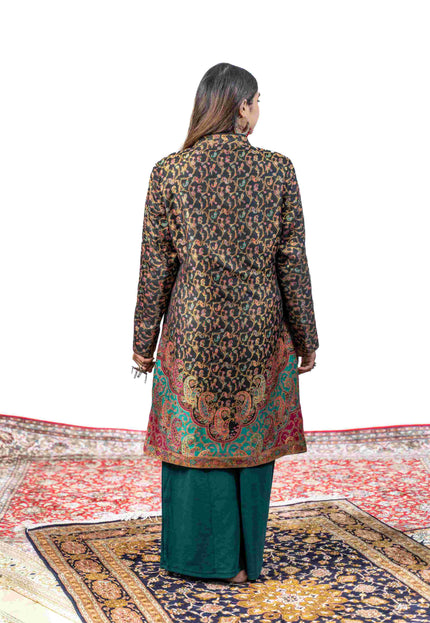 Kashmiri Kani With Zari Embroidery Jacket - Black Zari | Silk Long - Kashmir Jama