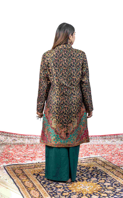 Kashmiri Kani With Zari Embroidery Jacket - Black Zari | Silk Long - Kashmir Jama