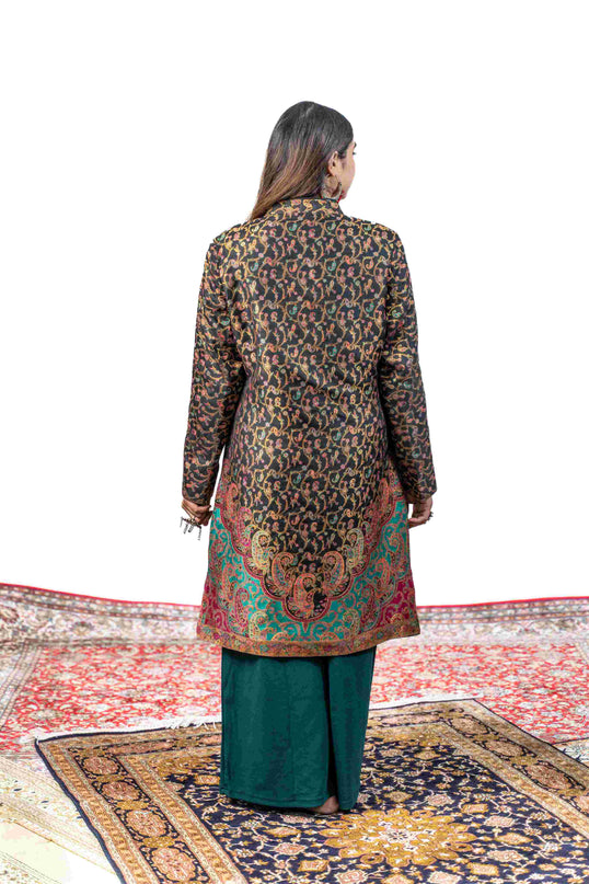 Kashmiri Kani With Zari Embroidery Jacket - Black Zari | Silk Long - Kashmir Jama