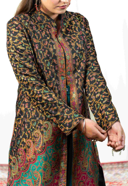 Kashmiri Kani With Zari Embroidery Jacket - Black Zari | Silk Long - Kashmir Jama