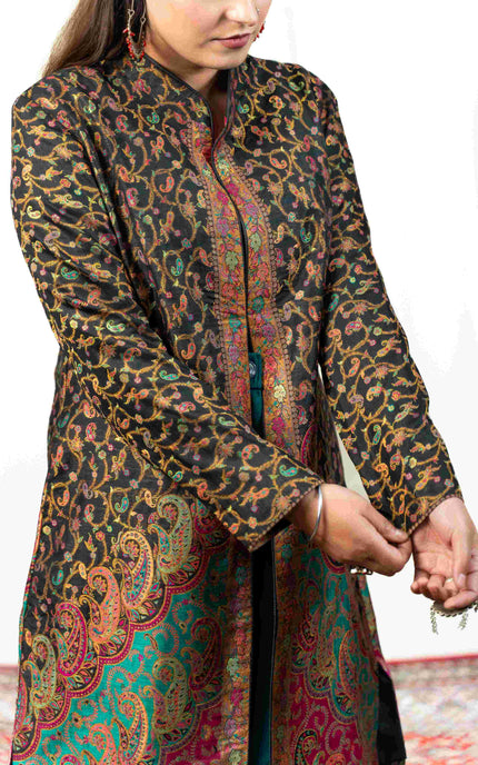 Kashmiri Kani With Zari Embroidery Jacket - Black Zari | Silk Long - Kashmir Jama