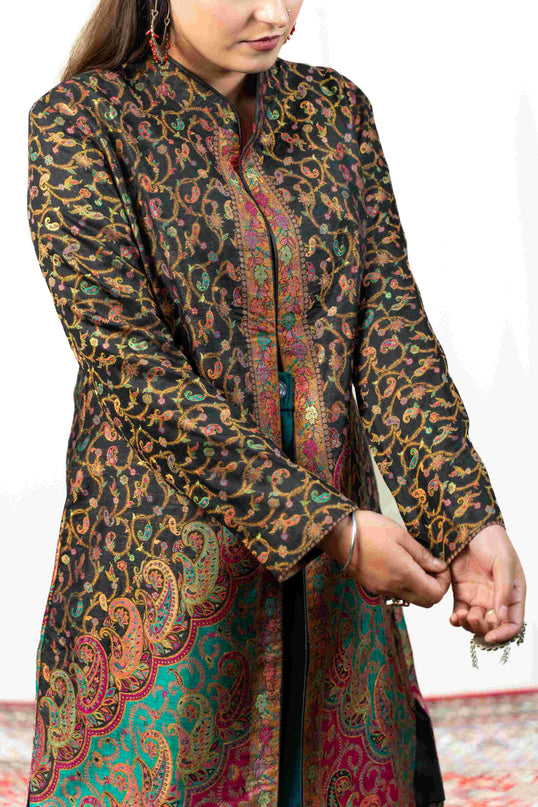 Kashmiri Kani With Zari Embroidery Jacket - Black Zari | Silk Long - Kashmir Jama