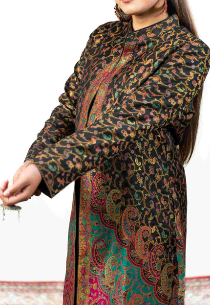Kashmiri Kani With Zari Embroidery Jacket - Black Zari | Silk Long - Kashmir Jama