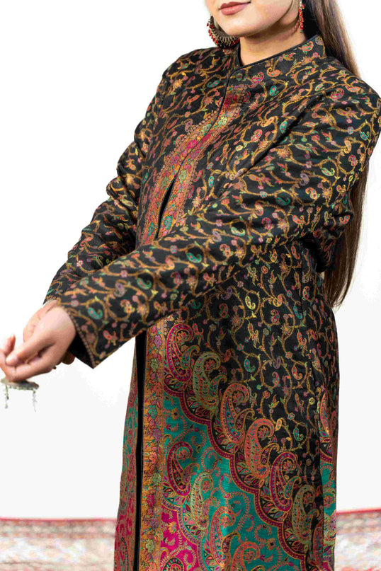 Kashmiri Kani With Zari Embroidery Jacket - Black Zari | Silk Long - Kashmir Jama