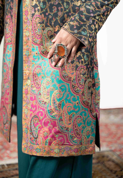 Kashmiri Kani With Zari Embroidery Jacket - Black Zari | Silk Long - Kashmir Jama