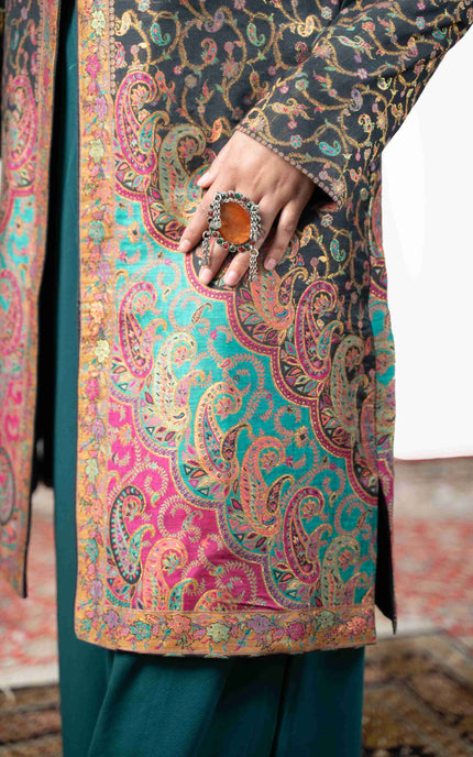Kashmiri Kani With Zari Embroidery Jacket - Black Zari | Silk Long - Kashmir Jama