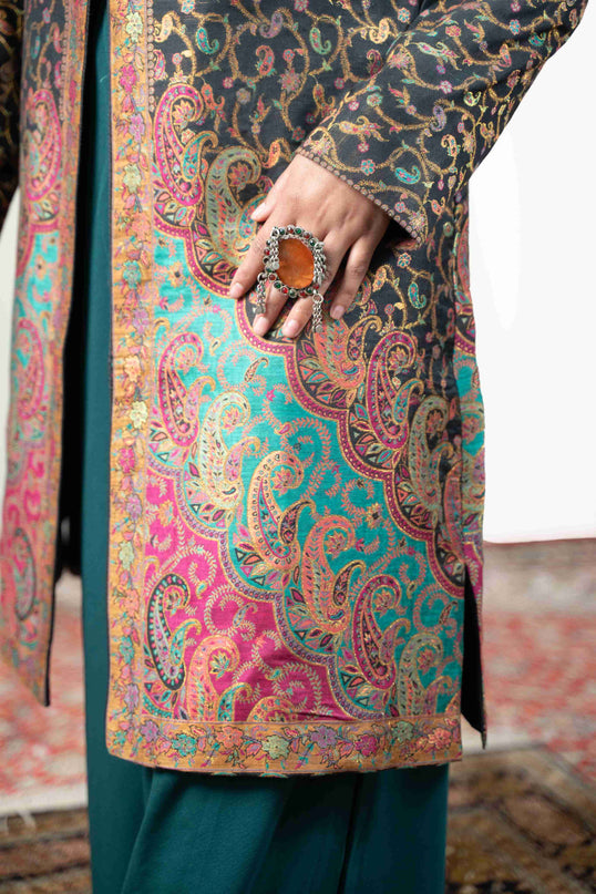 Kashmiri Kani With Zari Embroidery Jacket - Black Zari | Silk Long - Kashmir Jama