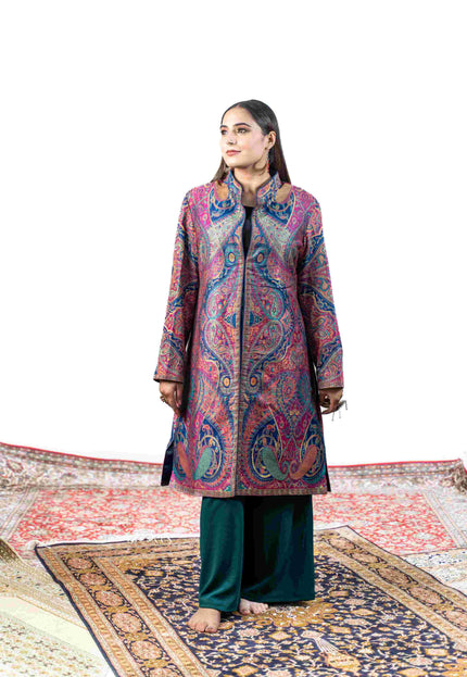 Kashmiri Kani With Zari Embroidery Jacket - Designer Blue Zari | Silk Long - Kashmir Jama
