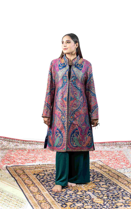Kashmiri Kani With Zari Embroidery Jacket - Designer Blue Zari | Silk Long - Kashmir Jama
