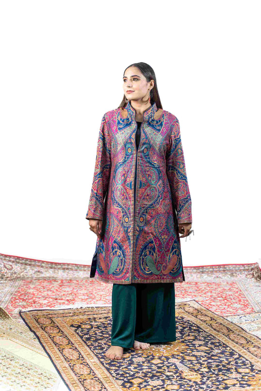 Kashmiri Kani With Zari Embroidery Jacket - Designer Blue Zari | Silk Long - Kashmir Jama