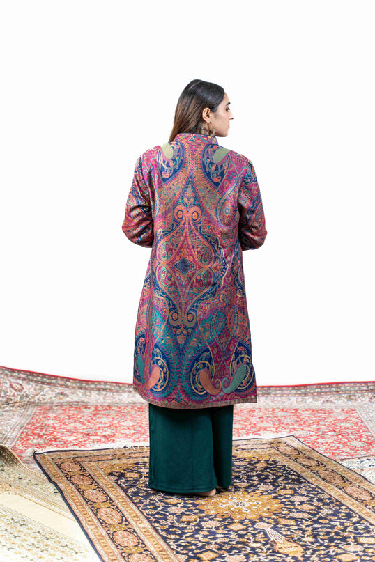 Kashmiri Kani With Zari Embroidery Jacket - Designer Blue Zari | Silk Long - Kashmir Jama