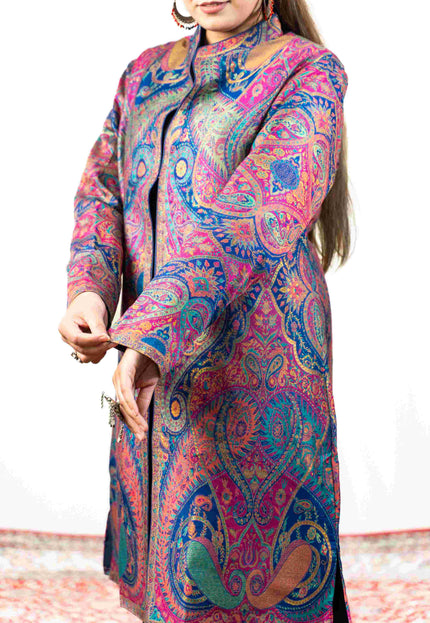 Kashmiri Kani With Zari Embroidery Jacket - Designer Blue Zari | Silk Long - Kashmir Jama