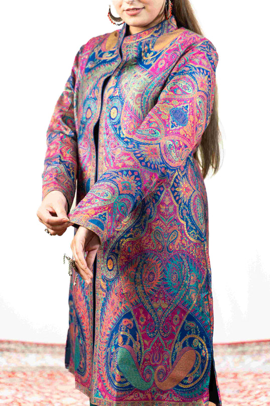 Kashmiri Kani With Zari Embroidery Jacket - Designer Blue Zari | Silk Long - Kashmir Jama