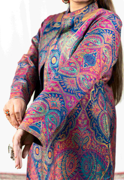 Kashmiri Kani With Zari Embroidery Jacket - Designer Blue Zari | Silk Long - Kashmir Jama