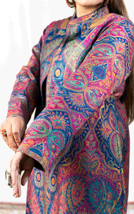 Kashmiri Kani With Zari Embroidery Jacket - Designer Blue Zari | Silk Long - Kashmir Jama