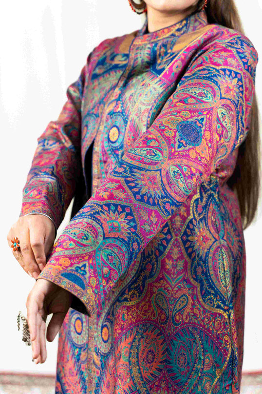 Kashmiri Kani With Zari Embroidery Jacket - Designer Blue Zari | Silk Long - Kashmir Jama
