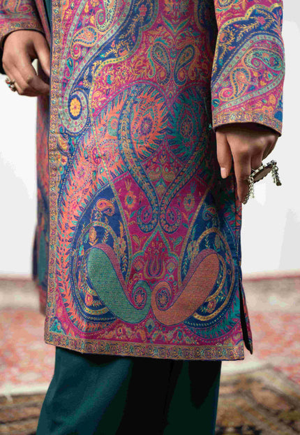 Kashmiri Kani With Zari Embroidery Jacket - Designer Blue Zari | Silk Long - Kashmir Jama