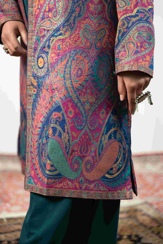 Kashmiri Kani With Zari Embroidery Jacket - Designer Blue Zari | Silk Long - Kashmir Jama