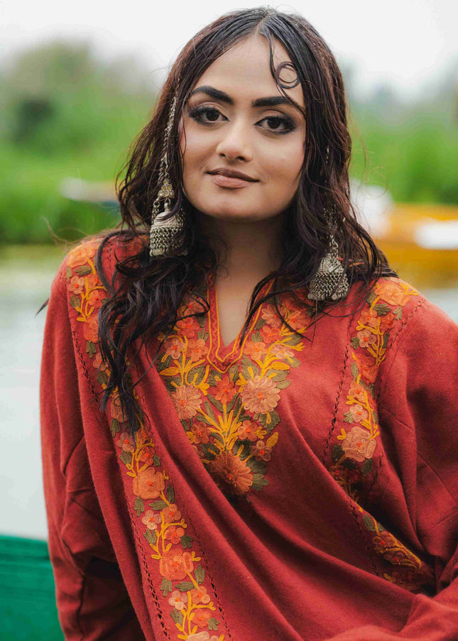 Kashmiri Aari Work Phiran - Maroon | Fringe - Kashmir Jama