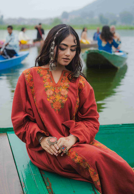 Kashmiri Aari Work Phiran - Maroon | Fringe - Kashmir Jama