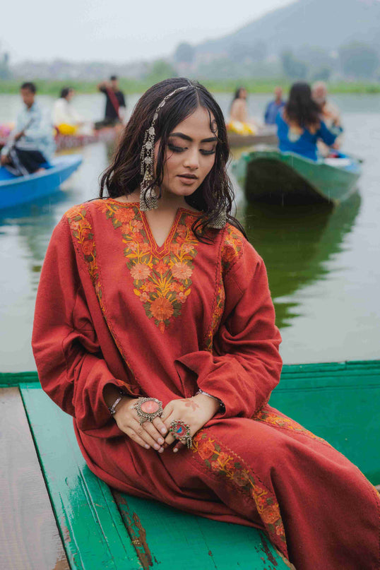 Kashmiri Aari Work Phiran - Maroon | Fringe - Kashmir Jama
