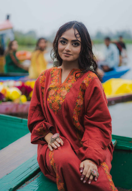 Kashmiri Aari Work Phiran - Maroon | Fringe - Kashmir Jama