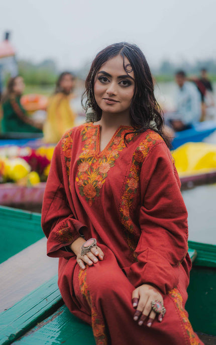 Kashmiri Aari Work Phiran - Maroon | Fringe - Kashmir Jama