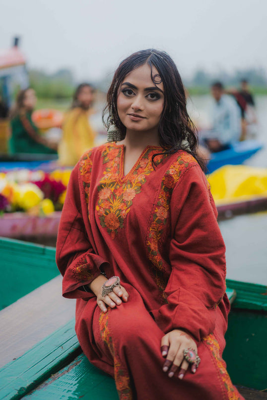 Kashmiri Aari Work Phiran - Maroon | Fringe - Kashmir Jama
