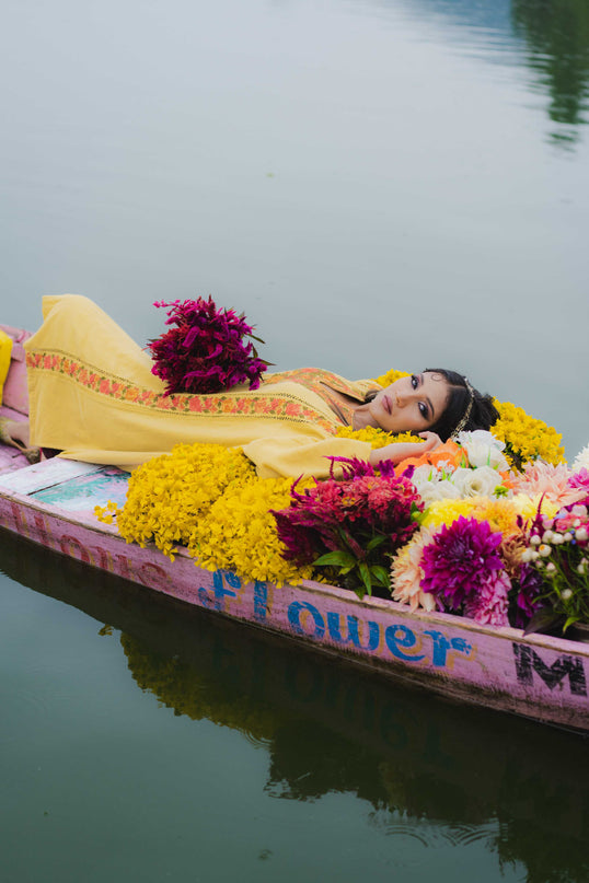 Kashmiri Aari Work Phiran - Yellow | Fringe - Kashmir Jama