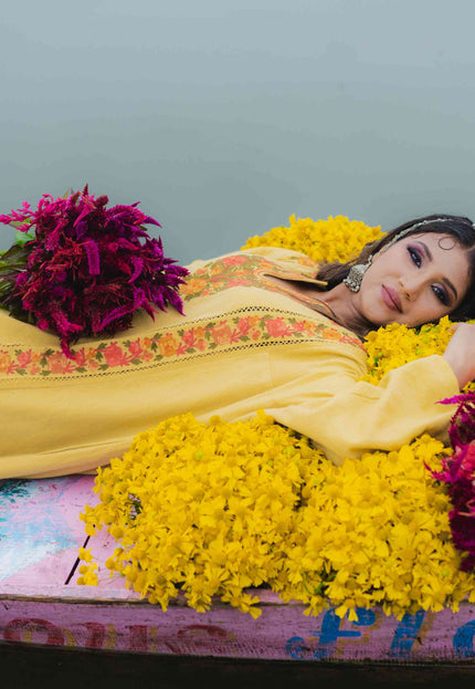 Kashmiri Aari Work Phiran - Yellow | Fringe - Kashmir Jama