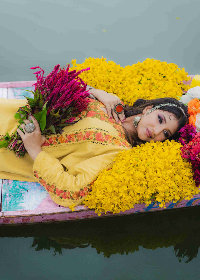 Kashmiri Aari Work Phiran - Yellow | Fringe - Kashmir Jama