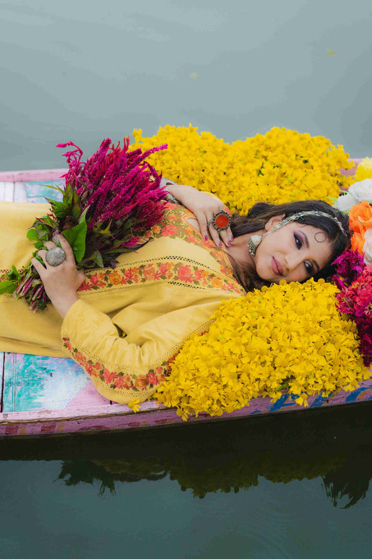 Kashmiri Aari Work Phiran - Yellow | Fringe - Kashmir Jama