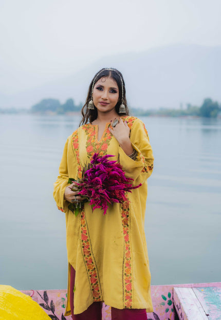 Kashmiri Aari Work Phiran - Yellow | Fringe - Kashmir Jama