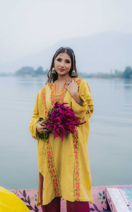 Kashmiri Aari Work Phiran - Yellow | Fringe - Kashmir Jama